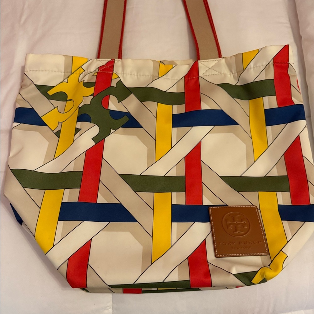 Tory Burch Red and Yellow Geometric Tote
